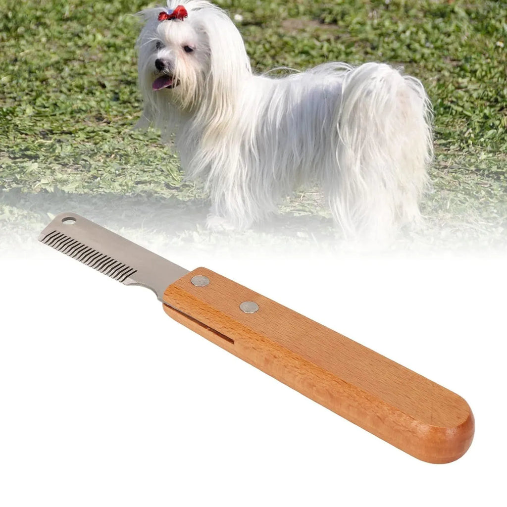 Pet stripping comb with metal blade and wooden handle for grooming dogs and cats