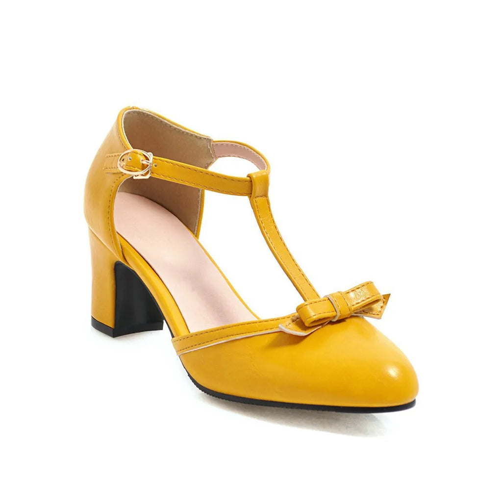Women's solid-colour chunky heel sandals with buckle strap, round toe, hollow-out design, and a bow.