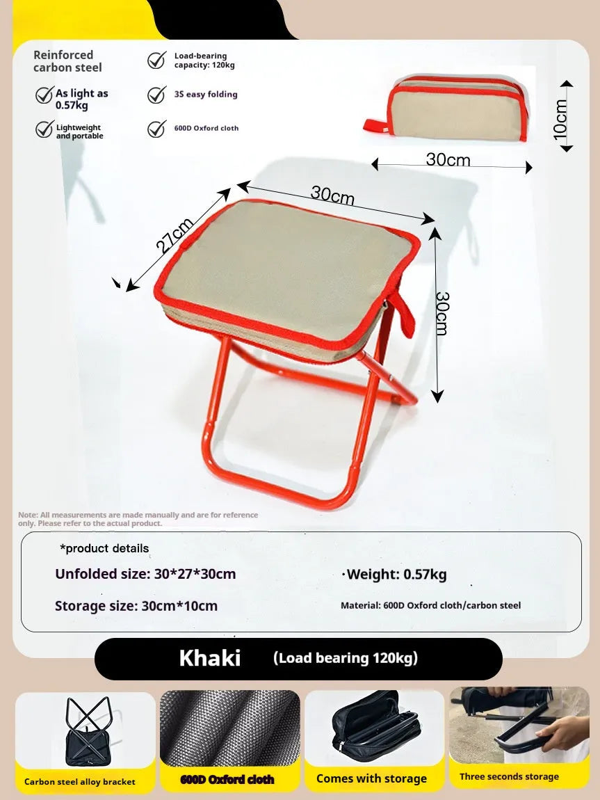 Oxford cloth foldable camp chair stool in khaki colour showing pencil box stool design