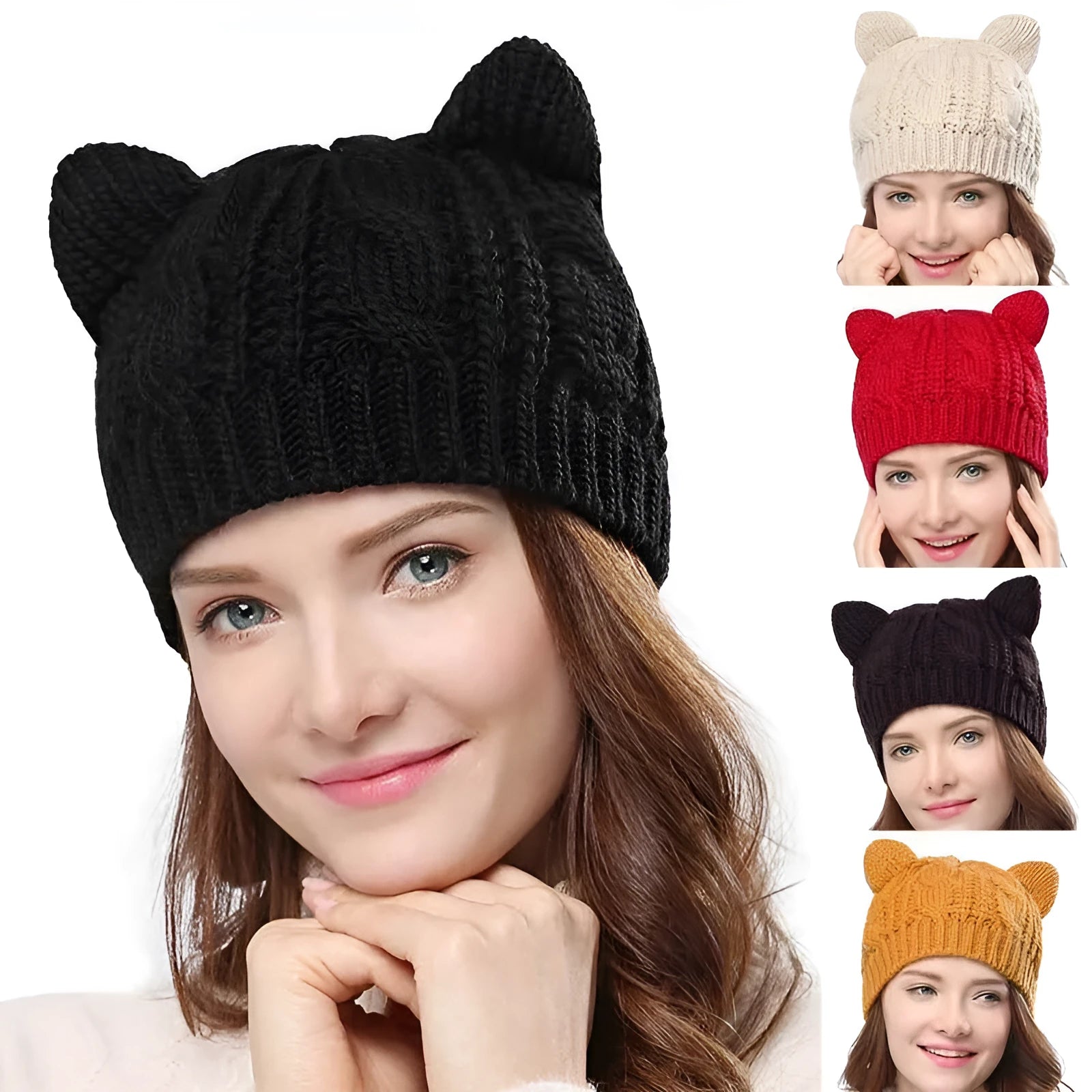 Hand-knitted cat ear beanie in knitting wool with 3D ears in multiple colours for winter