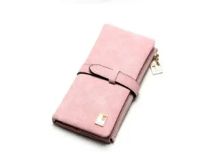 TAUREN brand retro matte PU leather long wallet for women showing two-fold design and multiple compartments