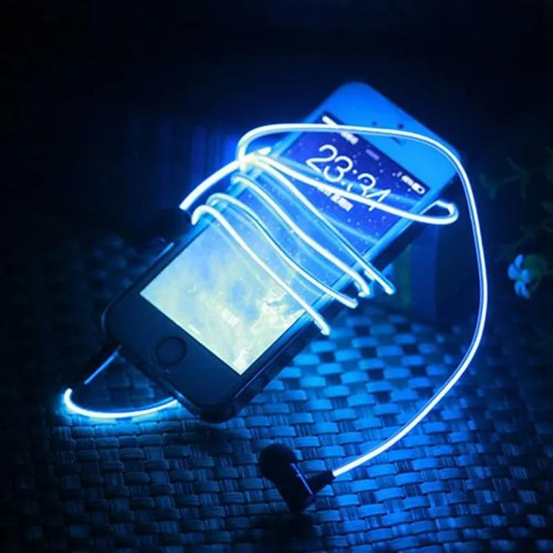 Blue LED light up earphones with glowing EL lines, 3.5mm plug and remote control.