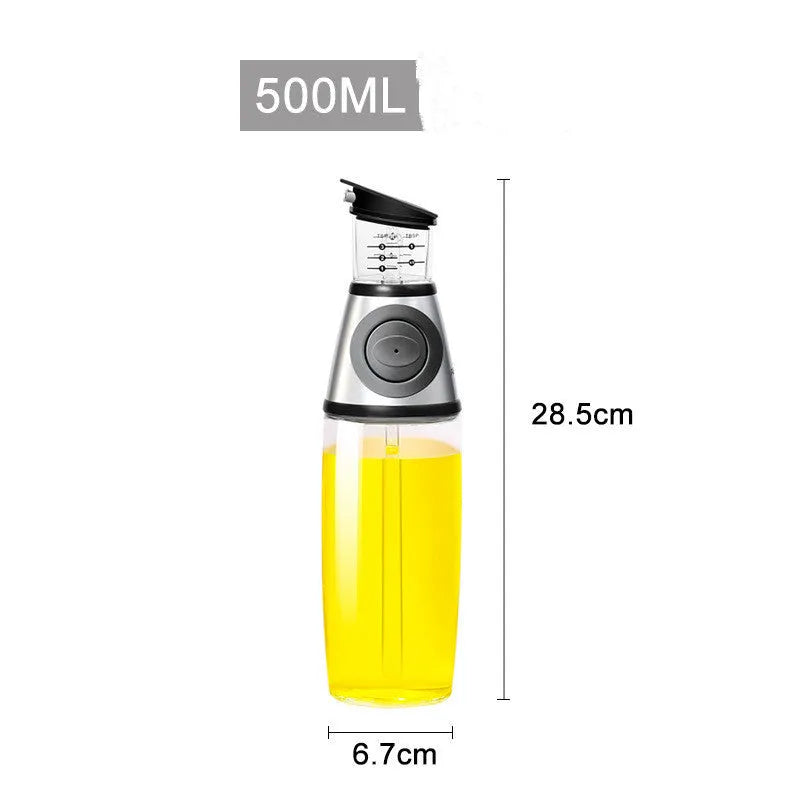 500ml high white glass measurable oil bottle with slim 8x28.5cm shape on kitchen countertop