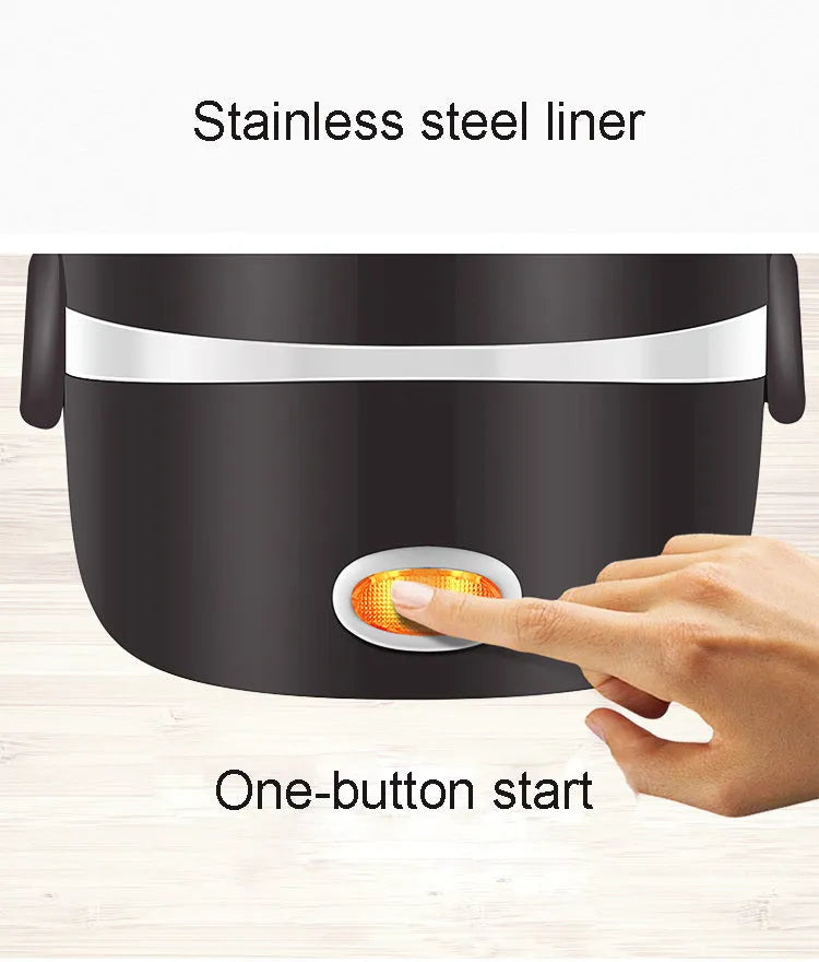 Electric lunch box with USB port and 190mm cubic dimensions showing two capacity options