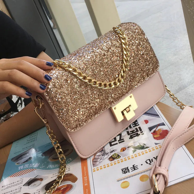 Women's small square sequined PU leather shoulder bag with lock closure, pink colour, 22x16x9cm
