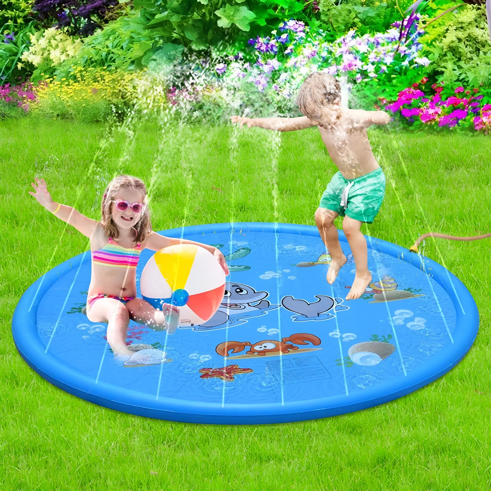 Blue PVC children's water spray play mat with marine animal designs, shown in 100cm and 170cm sizes.