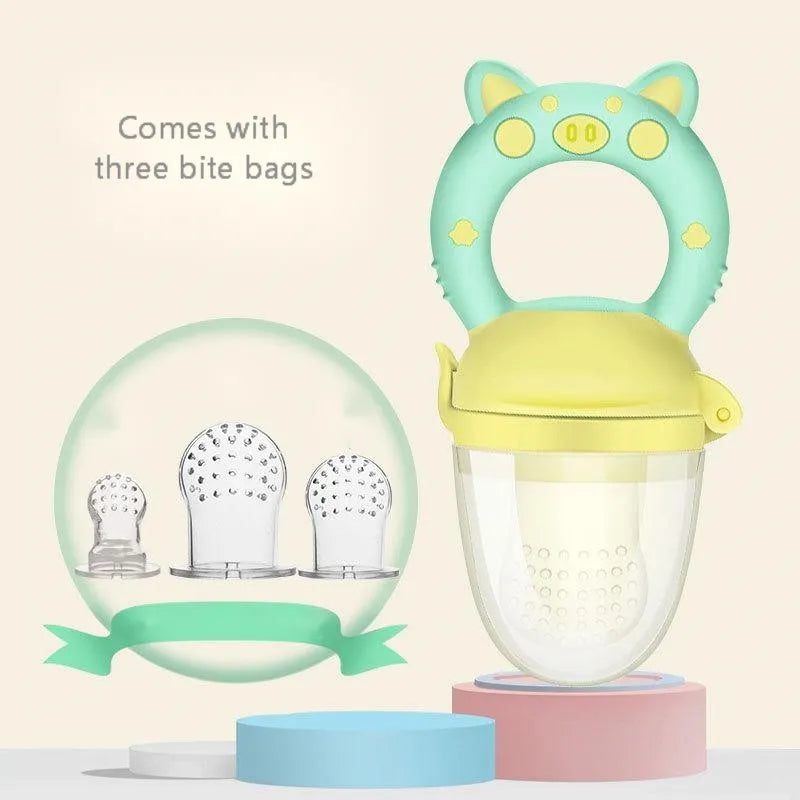 Silicone baby teether in blue, green, and pink colours with mouthpiece options