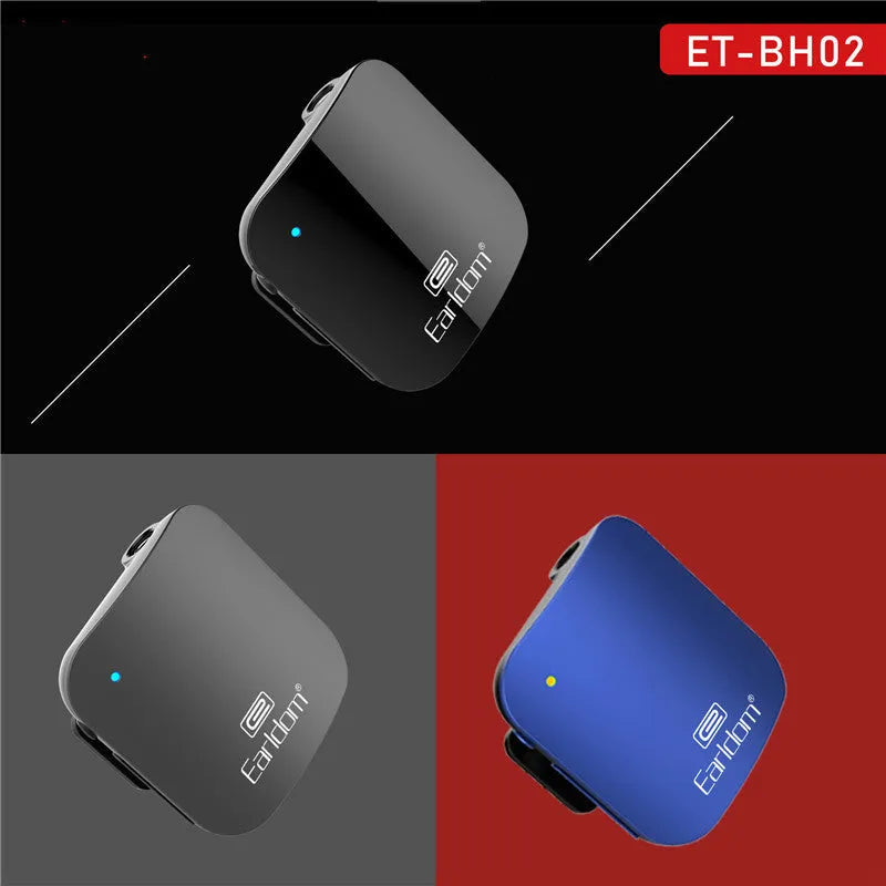 Black Bluetooth lavalier headset with clip, shown alongside red and grey colour variants.