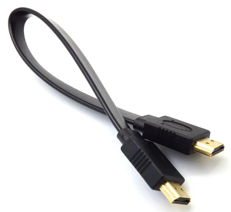 Flat black HDMI cable with male connectors, shown at various lengths from 0.3m to 10m.