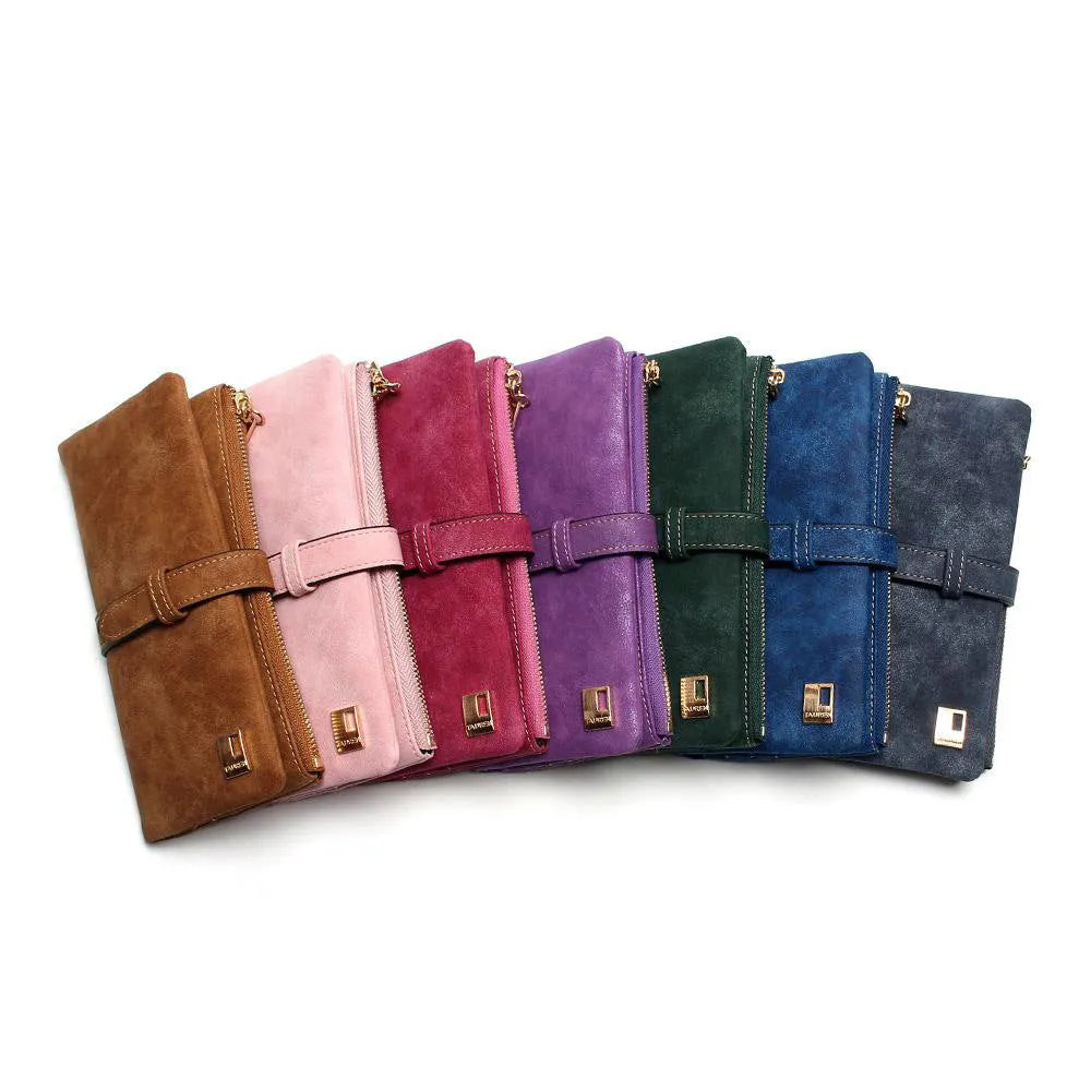 TAUREN brand retro matte PU leather long wallet for women showing two-fold design and multiple compartments