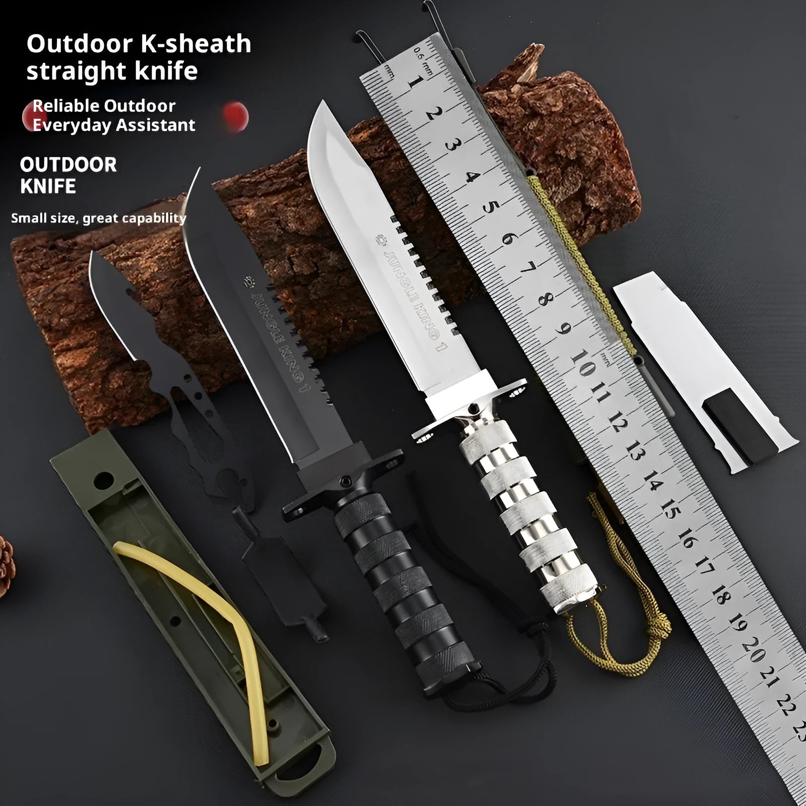 Keel integrated multifunctional small straight survival tactical knife with black aluminium handle and 8Cr19Mov steel blade