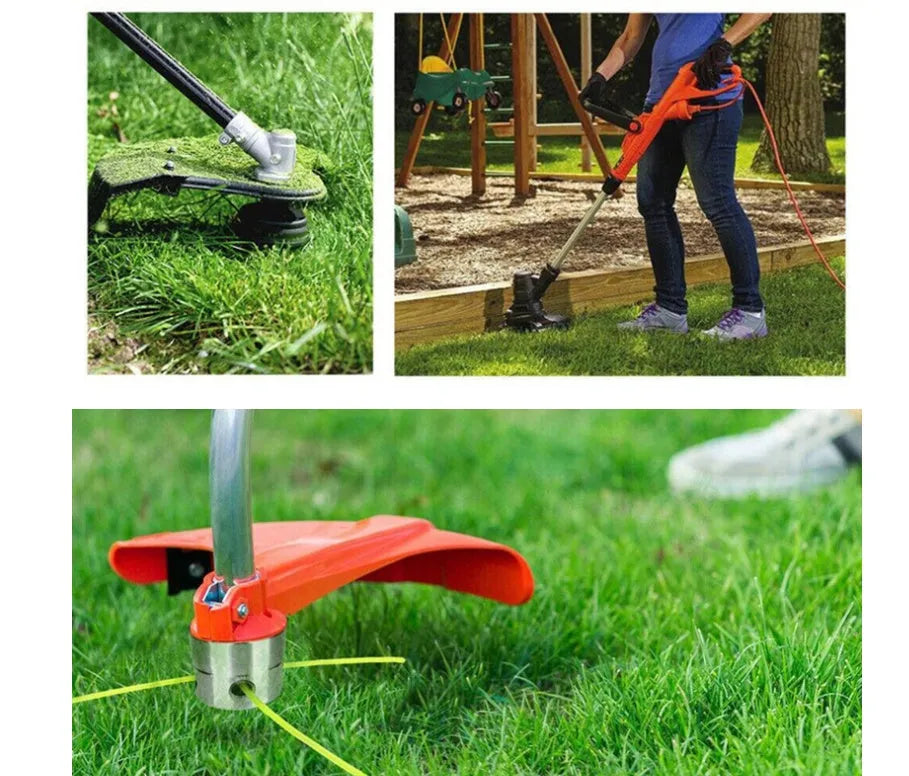 Silver aluminium lawn mower grass trimmer head with four light yellow square cords, wrench, and gasket