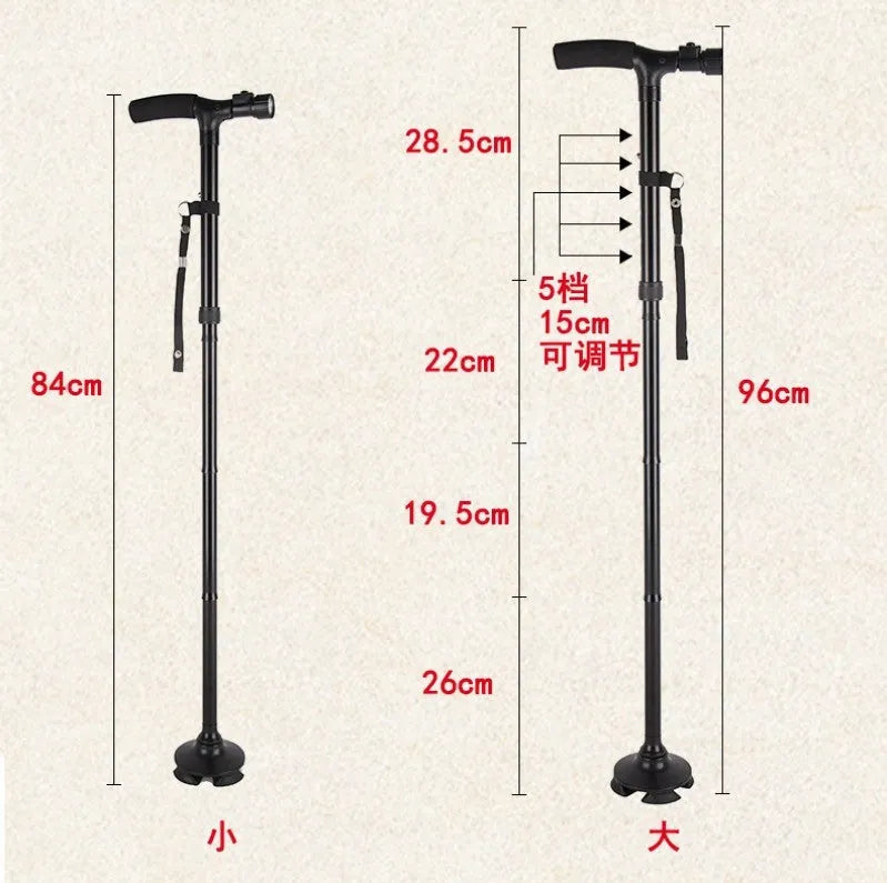 Black LED folding cane for elderly with aluminium tube construction and 6 LED flashlight