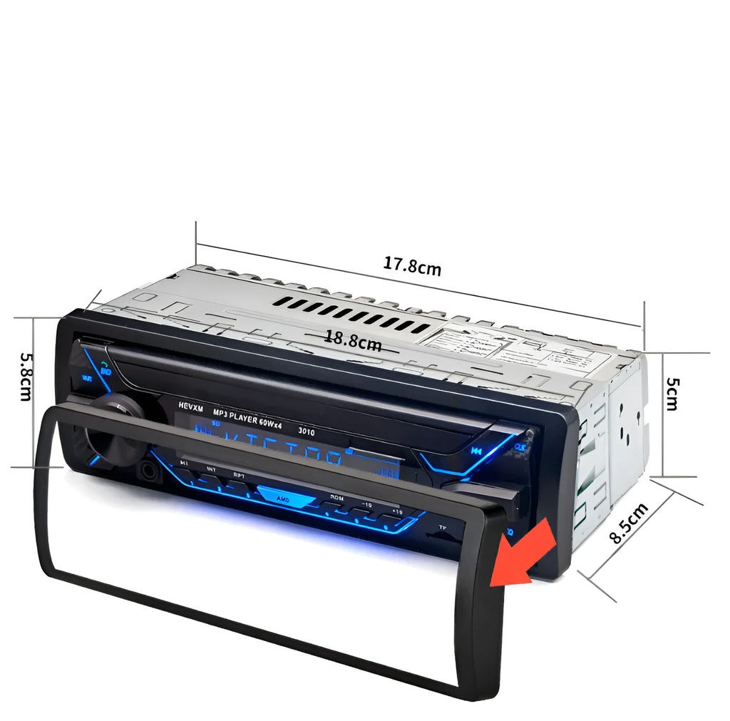 Car radio MP3 player with Bluetooth, USB slot, AUX input, and LCD display panel for 12V vehicles