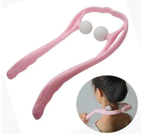 Plastic swan-shaped hand roller neck massager in pink colour with adjustable bracket and 3D massage points.