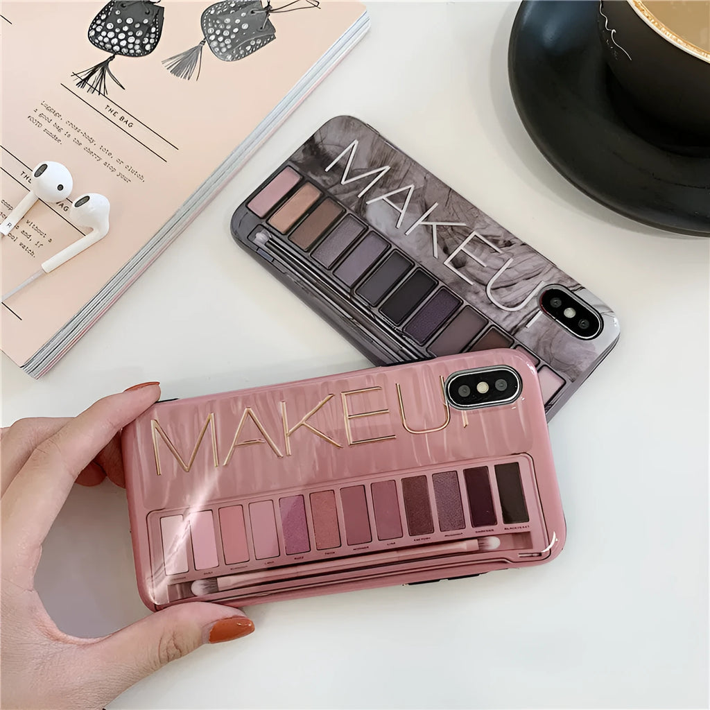 Silicone phone case with eye shadow design for iPhone, shown in flesh and grey colours.