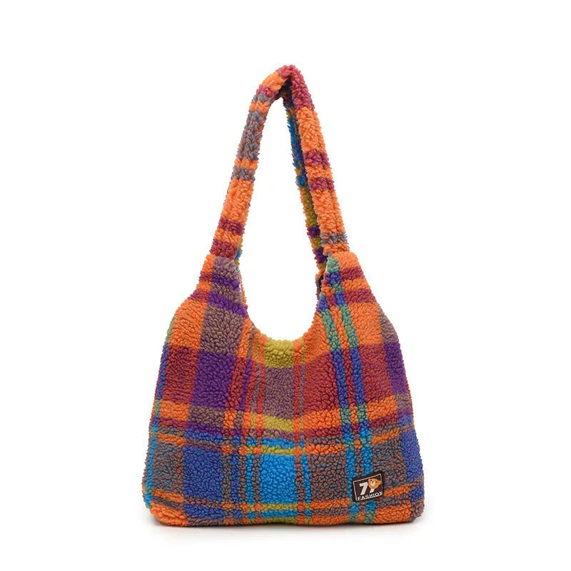Women's plaid shoulder crossbody tote bag in Army Green colour showing soft plush material and underarm strap design