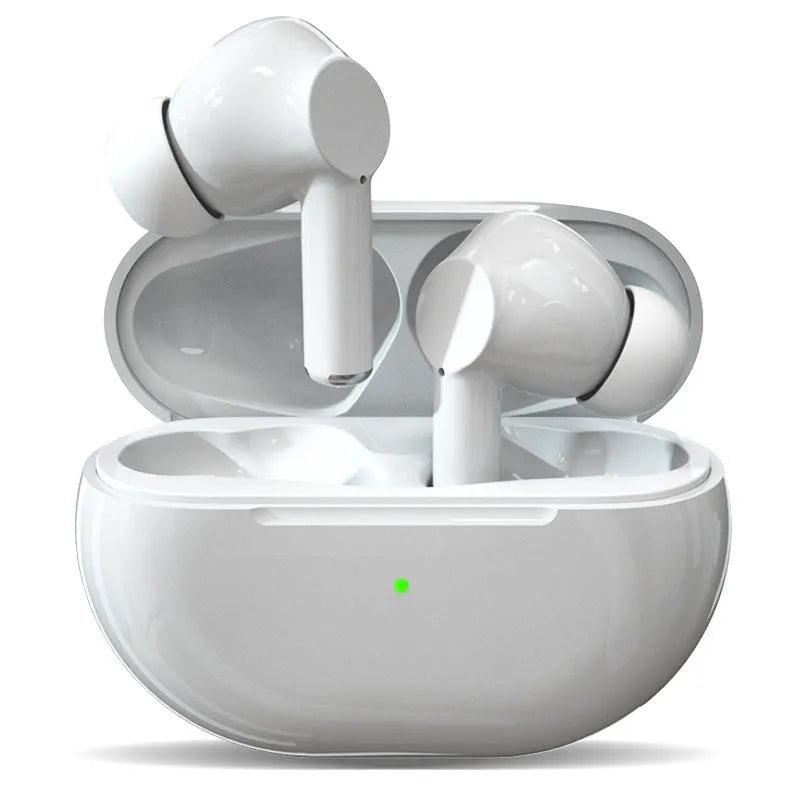 Pro4 wireless Bluetooth earbuds in black and white with charging case and cable