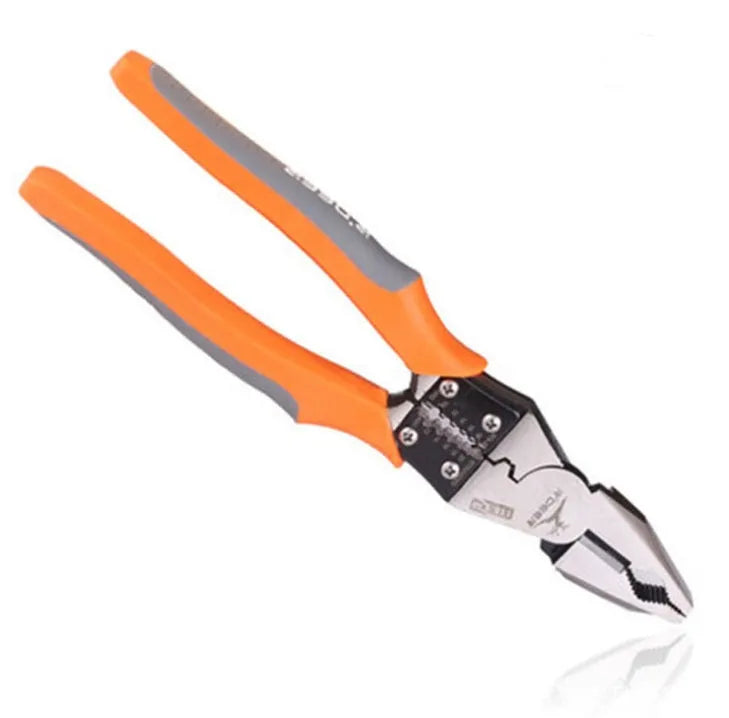 Orange 9-inch multi-function wire cutter pliers with alloy steel jaws and PVC grips.