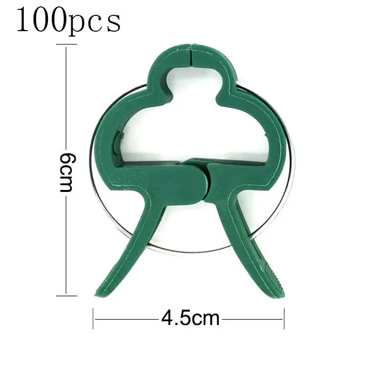 Set of green plastic plant fixing clips with zinc springs, showing large and small sizes for garden use.