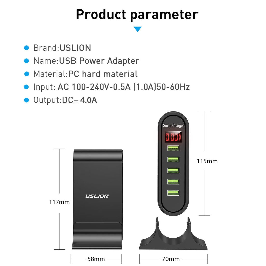 Black and white USB chargers with LED digital displays showing EU, UK, and US plug styles.
