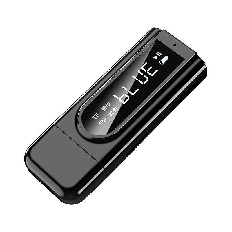 Black USB car FM Bluetooth receiver with USB and AUX ports for MP3 playback and wireless audio streaming