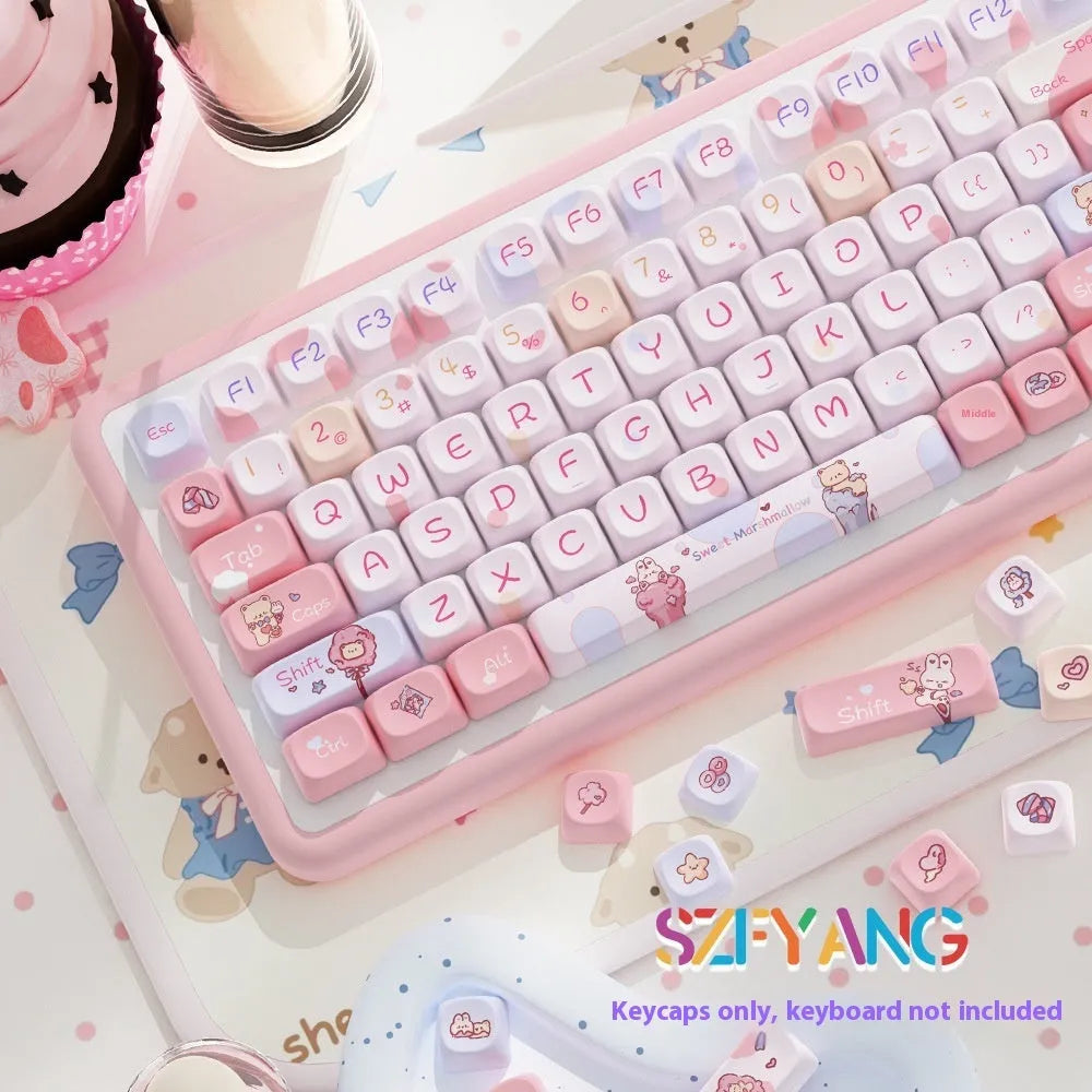 Sweet Cotton Candy coloured PBT keycap set for mechanical keyboards laid out in pink and blue pastel tones.
