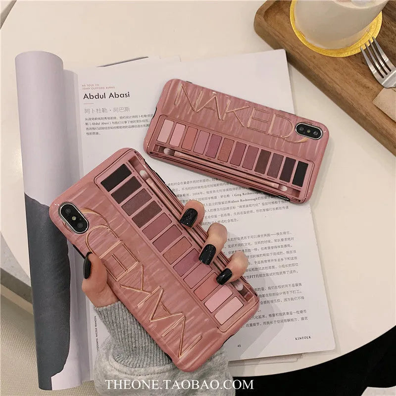 Silicone phone case with eye shadow design for iPhone, shown in flesh and grey colours.