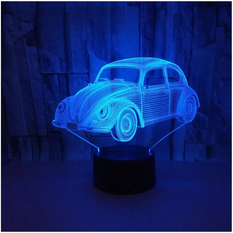 3D acrylic LED table lamp with colourful lighting on black base, showing touch controls and USB cable