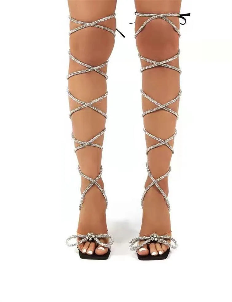 Plus size women's strappy sandals with rhinestone straps in square toe design
