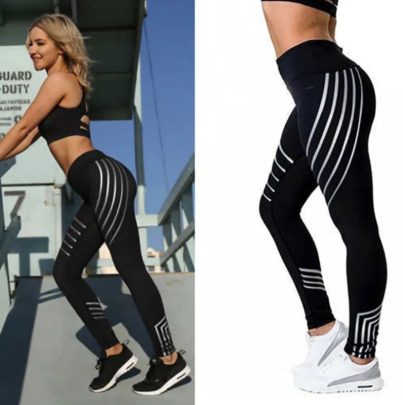 Women's black workout leggings with glow in the dark print pattern for fitness activities