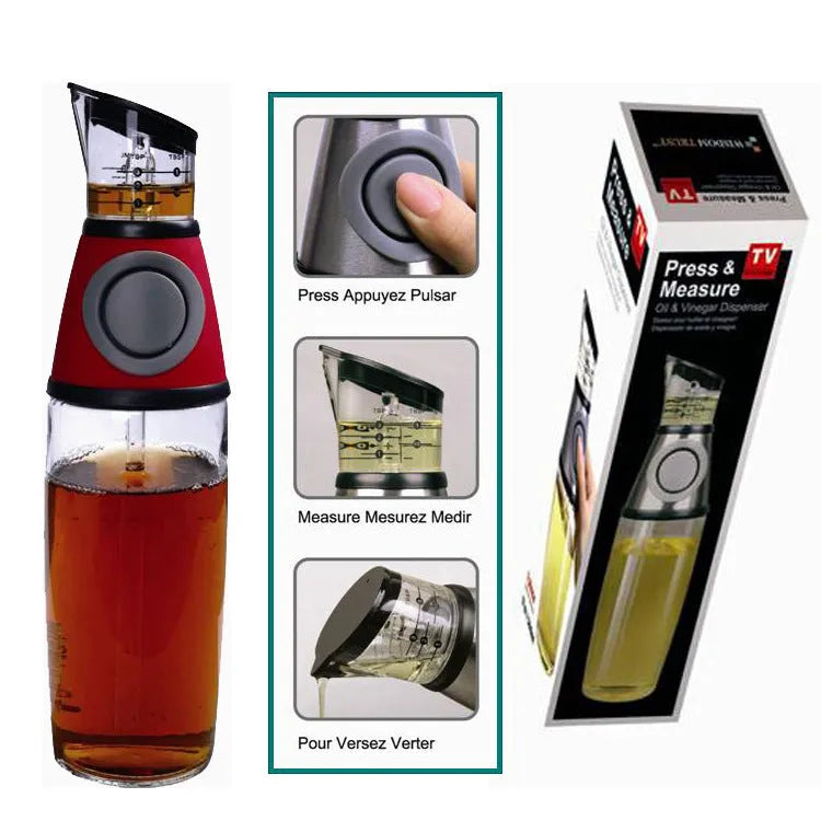 500ml high white glass measurable oil bottle with slim 8x28.5cm shape on kitchen countertop