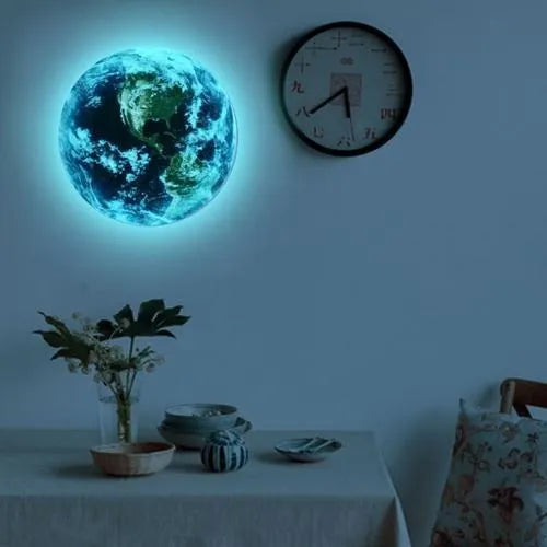 Glow in the dark 3D planet Earth wall sticker showing luminous effect in a dark room