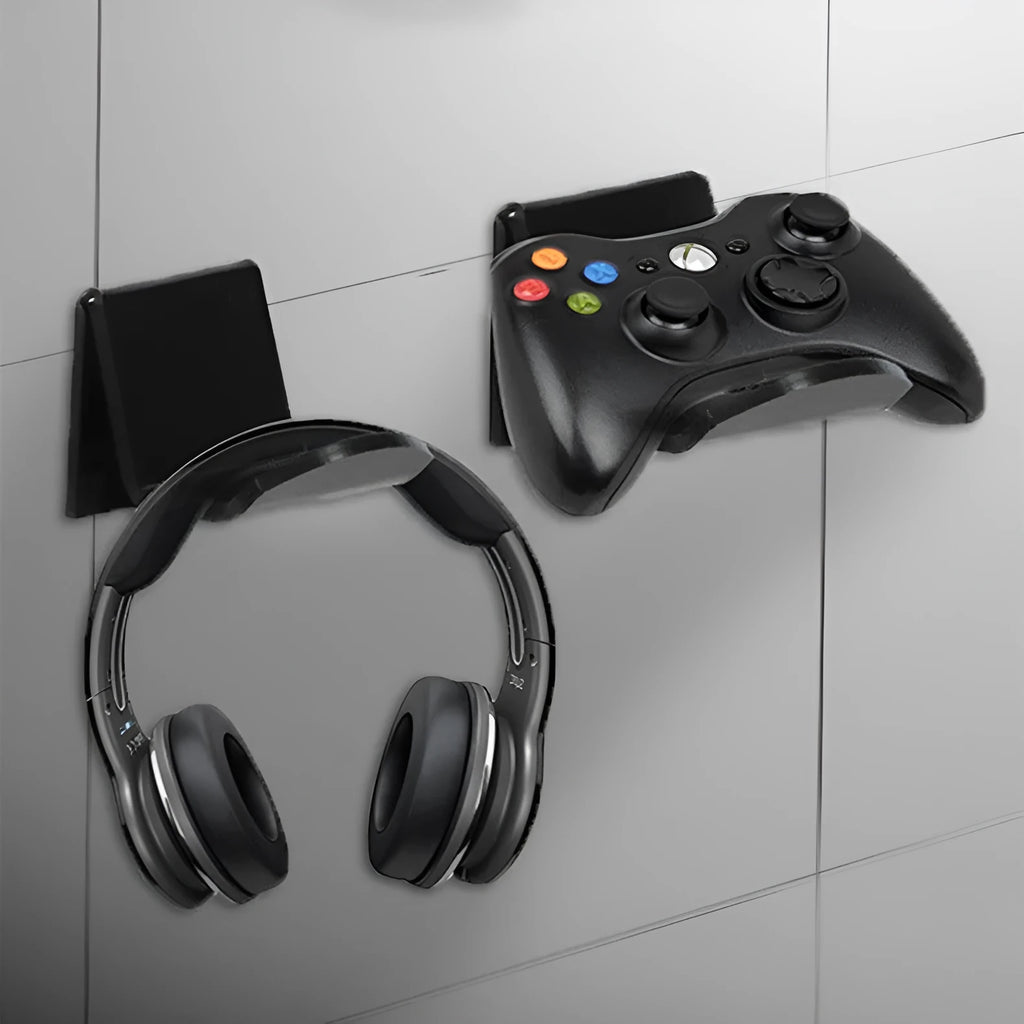 Universal game controller wall mount bracket shown in black, white, and transparent colours.