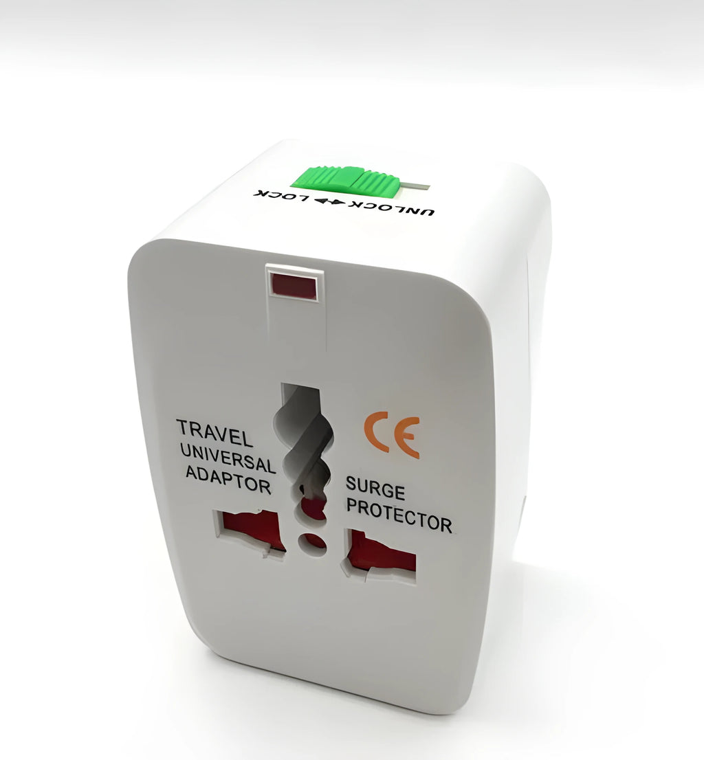 Compact universal travel plug adapter for mobile phones, dimensions 73mm by 50mm by 39mm.