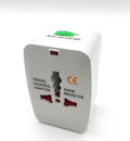 Compact universal travel plug adapter for mobile phones, dimensions 73mm by 50mm by 39mm.