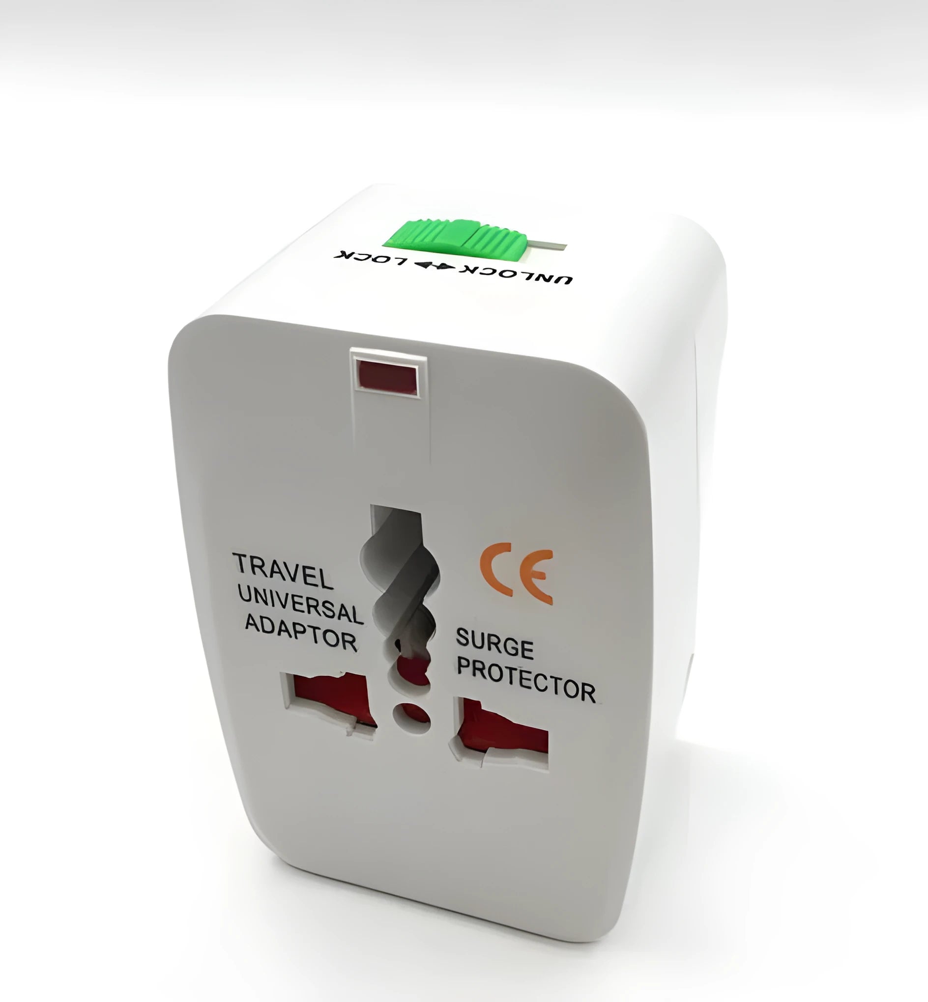 Compact universal travel plug adapter for mobile phones, dimensions 73mm by 50mm by 39mm.