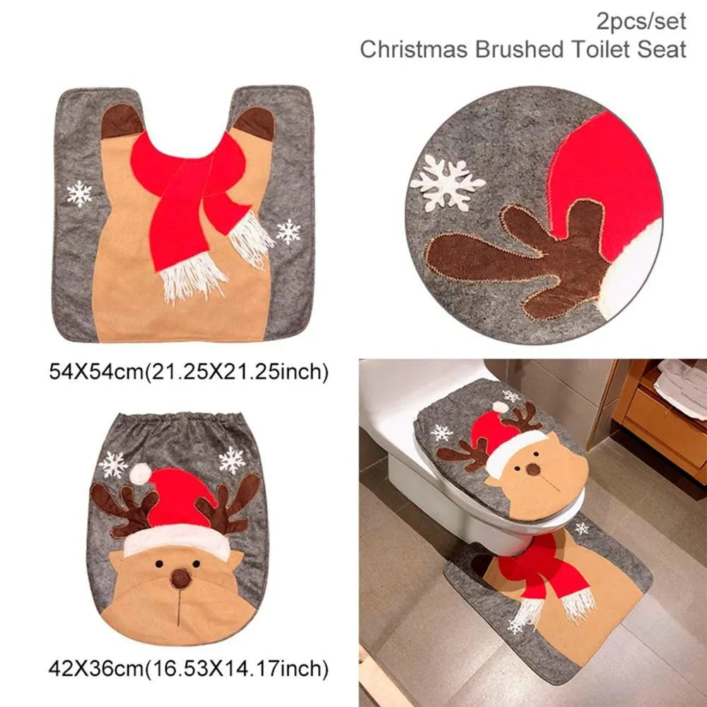 Christmas bathroom set with flannel shower curtain, toilet cover and floor mat featuring Santa design