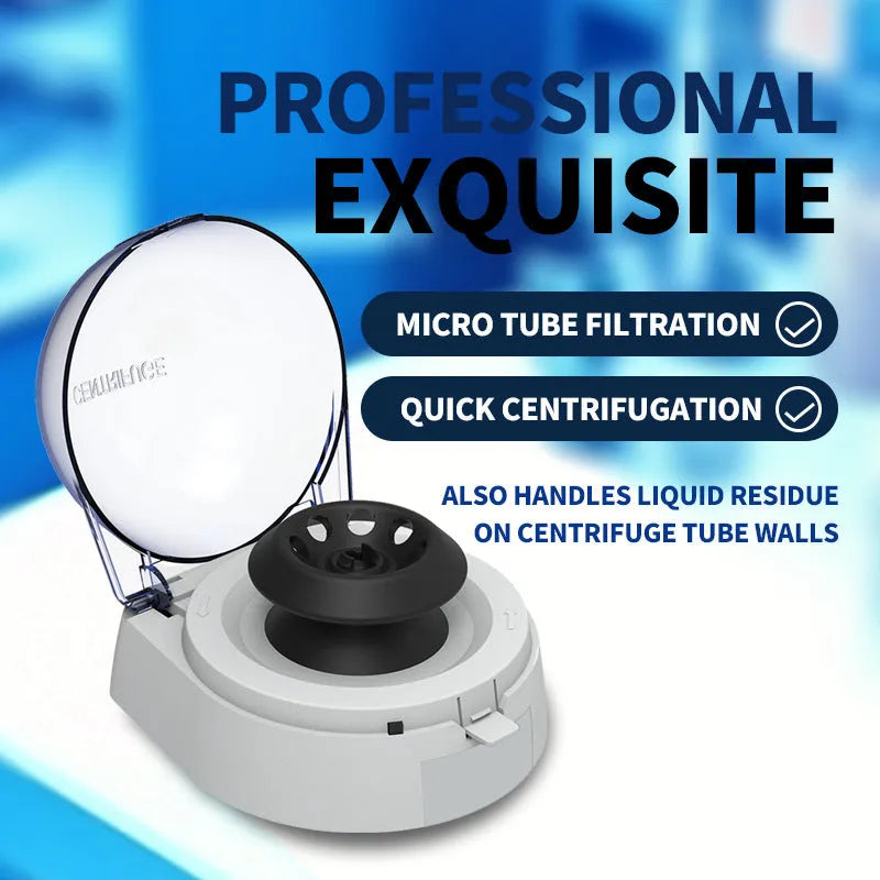 Small white laboratory mini centrifuge on a benchtop with dimensions 157mm wide by 170mm deep.