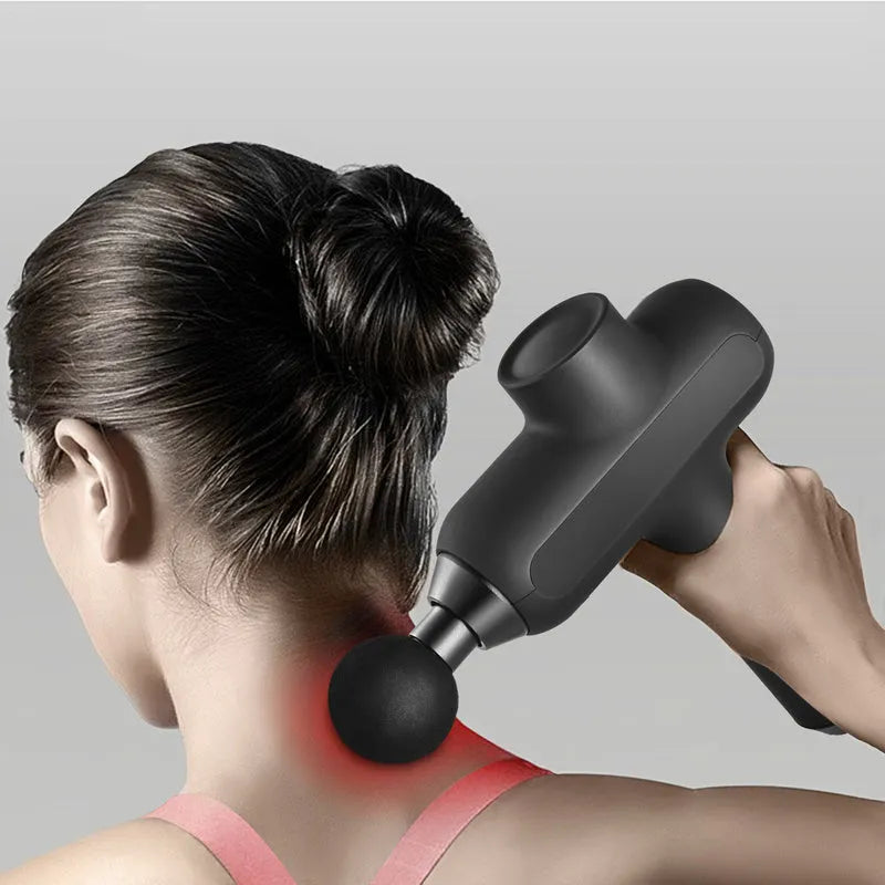 Rechargeable electric muscle massager with six different coloured massage heads on a black unit.