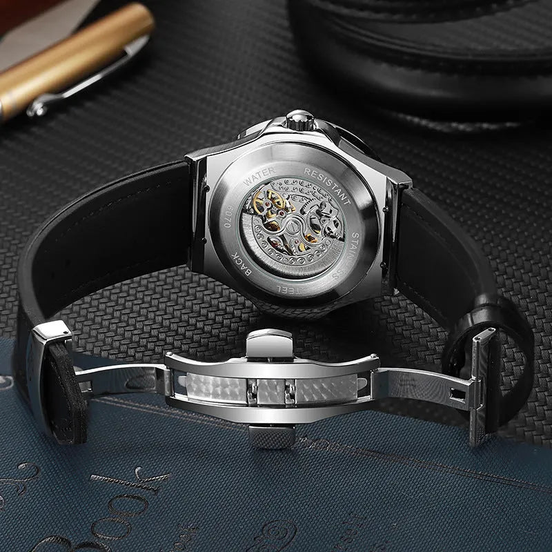 Men's automatic mechanical watch with diamond-studded hollow movement and white shell case