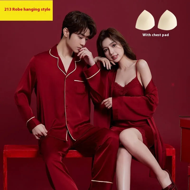 Red silk pyjama set for couples with long sleeves and trousers, shown in men's and women's matching styles
