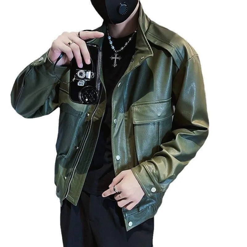 Korean style men's black pilot leather jacket with straight hem design for spring and autumn wear