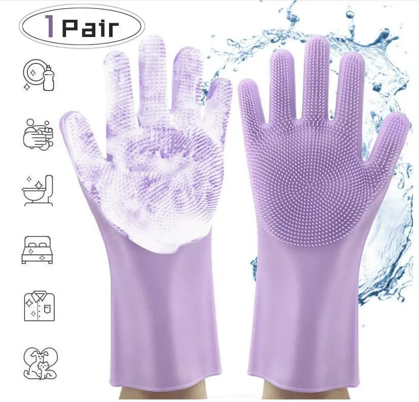 Silicone heat-resistant cleaning brush scrubbing gloves in blue with built-in sponge, non-slip, 357x165mm