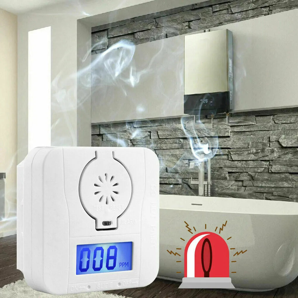 White wireless carbon monoxide alarm with wall mount bracket for home safety