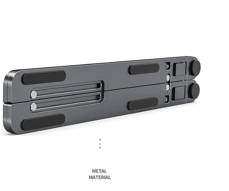 Portable foldable aluminum laptop stand shown in silver colour at an adjustable angle