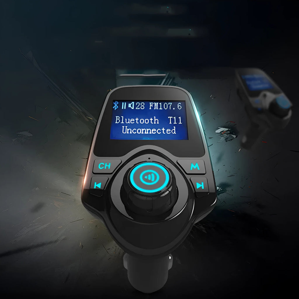 Black G7 car Bluetooth hands-free FM transmitter with USB port and card slot plugged into a 12V socket.
