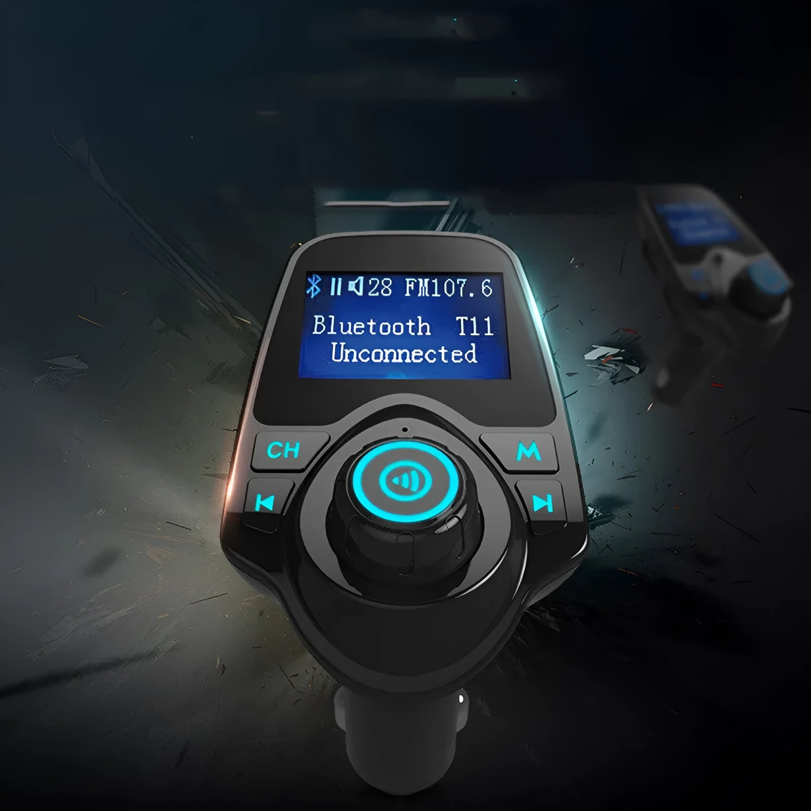 Black G7 car Bluetooth hands-free FM transmitter with USB port and card slot plugged into a 12V socket.