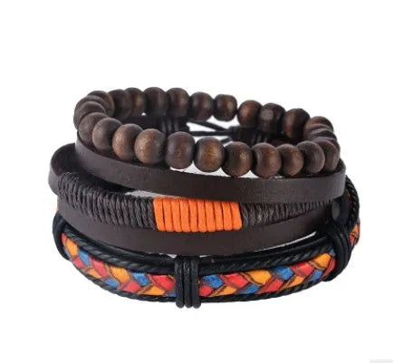 Hand-woven leather bracelet with wooden beads and adjustable punk design