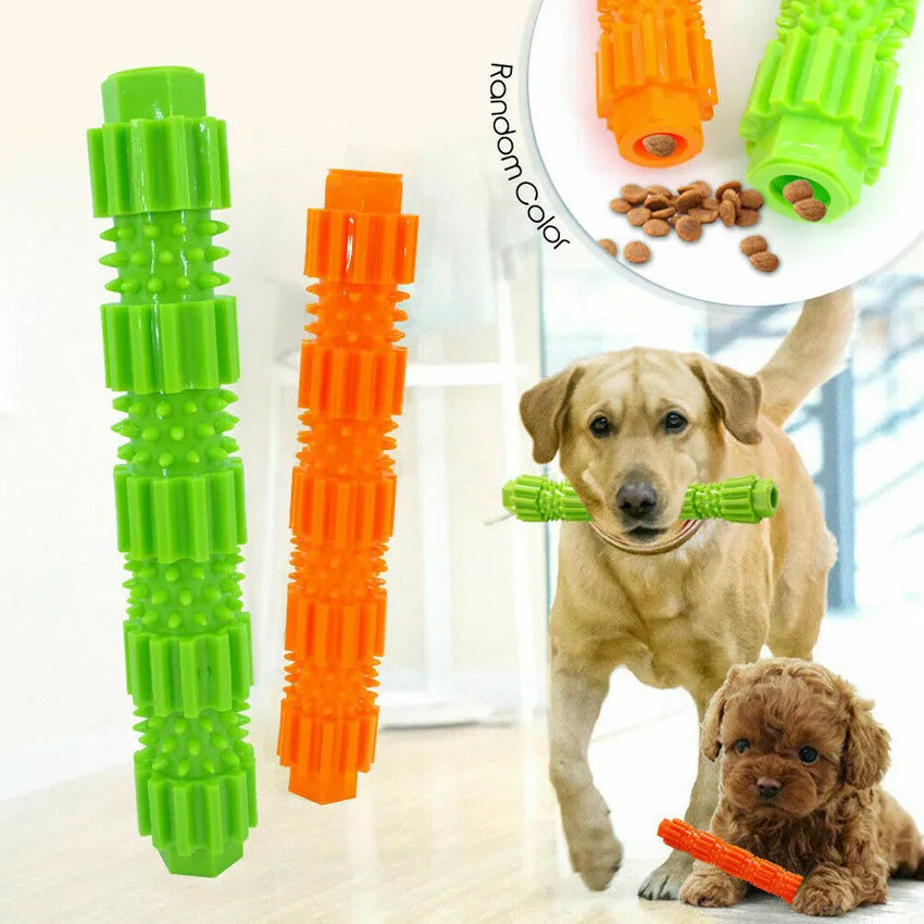 Green and orange rubber dog chew toy with treat dispensing opening and textured surface for aggressive chewers